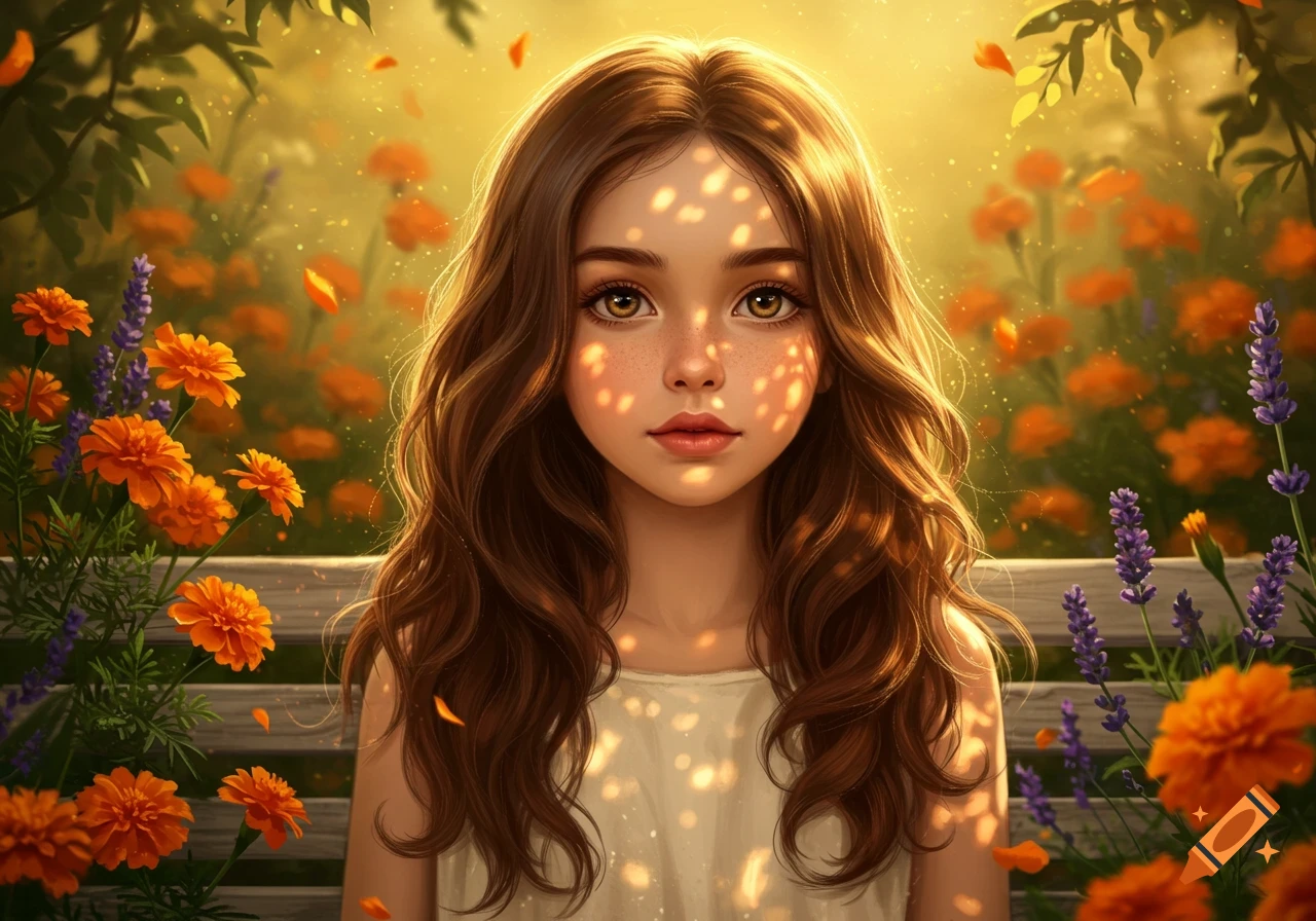 Whimsical fantasy art portrait of a young girl with long brown hair, freckles, and dappled sunlight, surrounded by orange marigolds and purple lavender.
