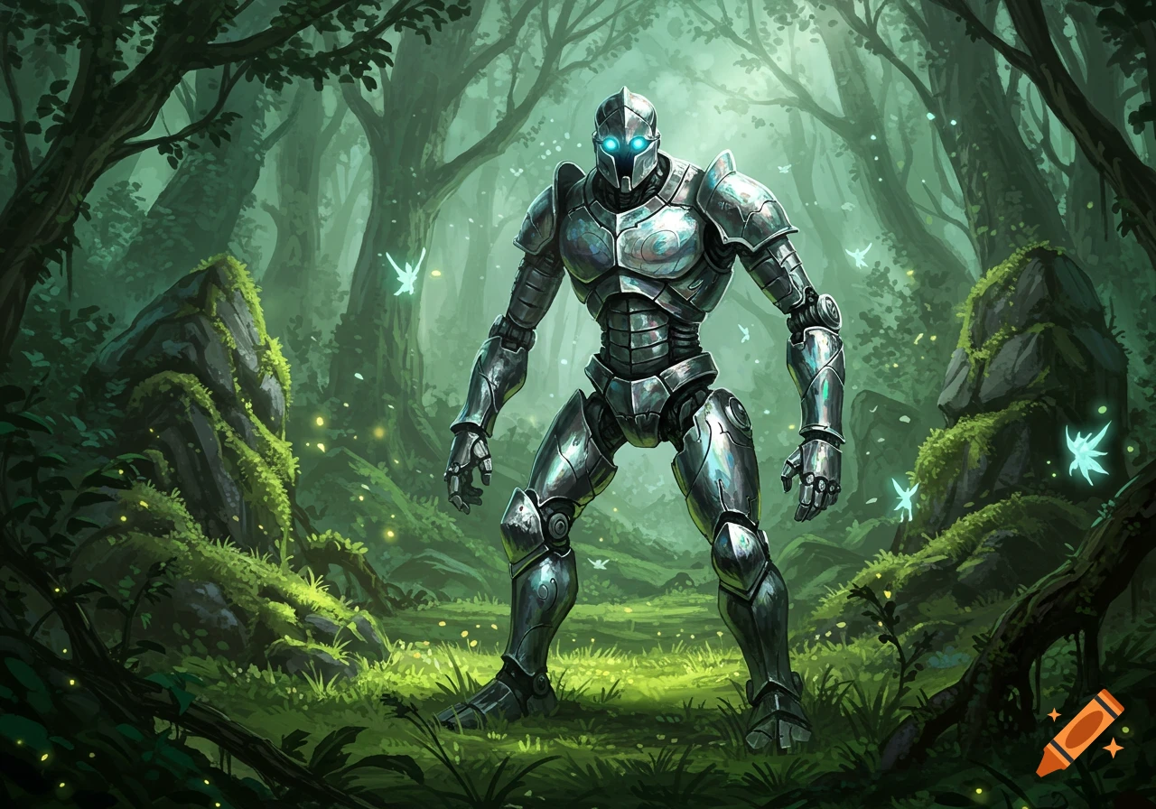 A tall, metallic steel defender robot with glowing blue eyes stands in a lush, green, magical forest with glowing fae.