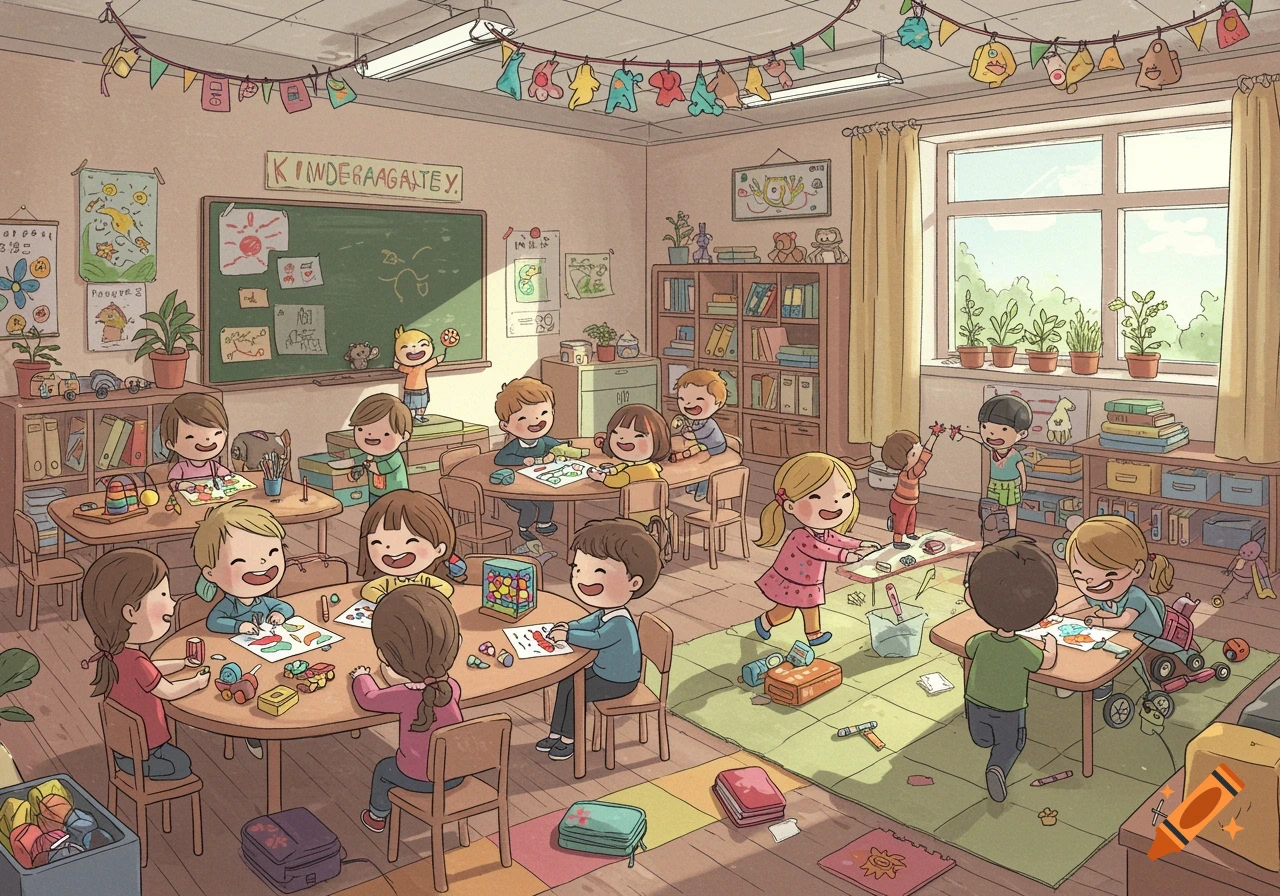 A vibrant cartoon kindergarten classroom filled with smiling children playing, drawing, and interacting at tables and on a rug.