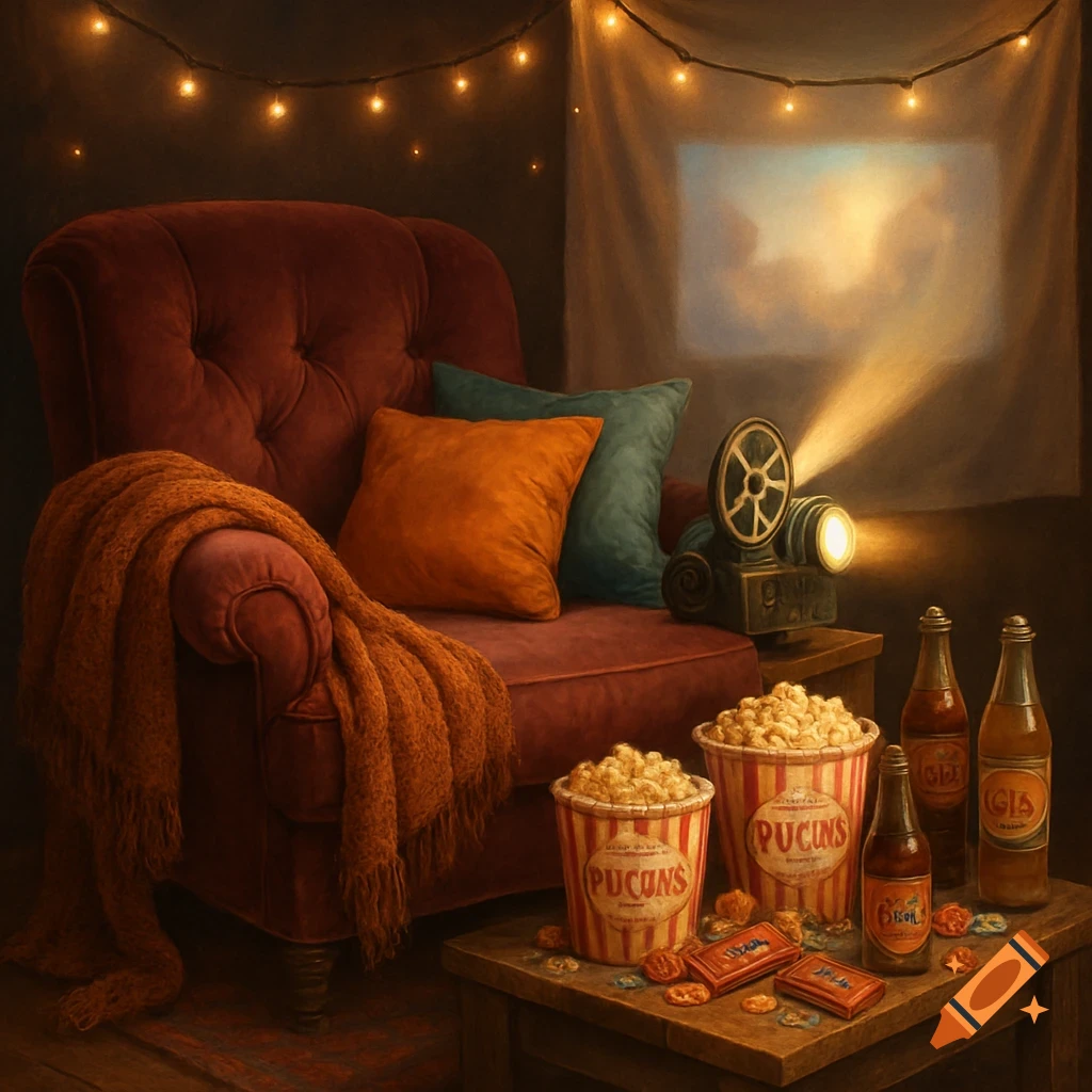 A cozy home movie night setup with a red armchair, vintage projector, popcorn, and drinks on a wooden table.