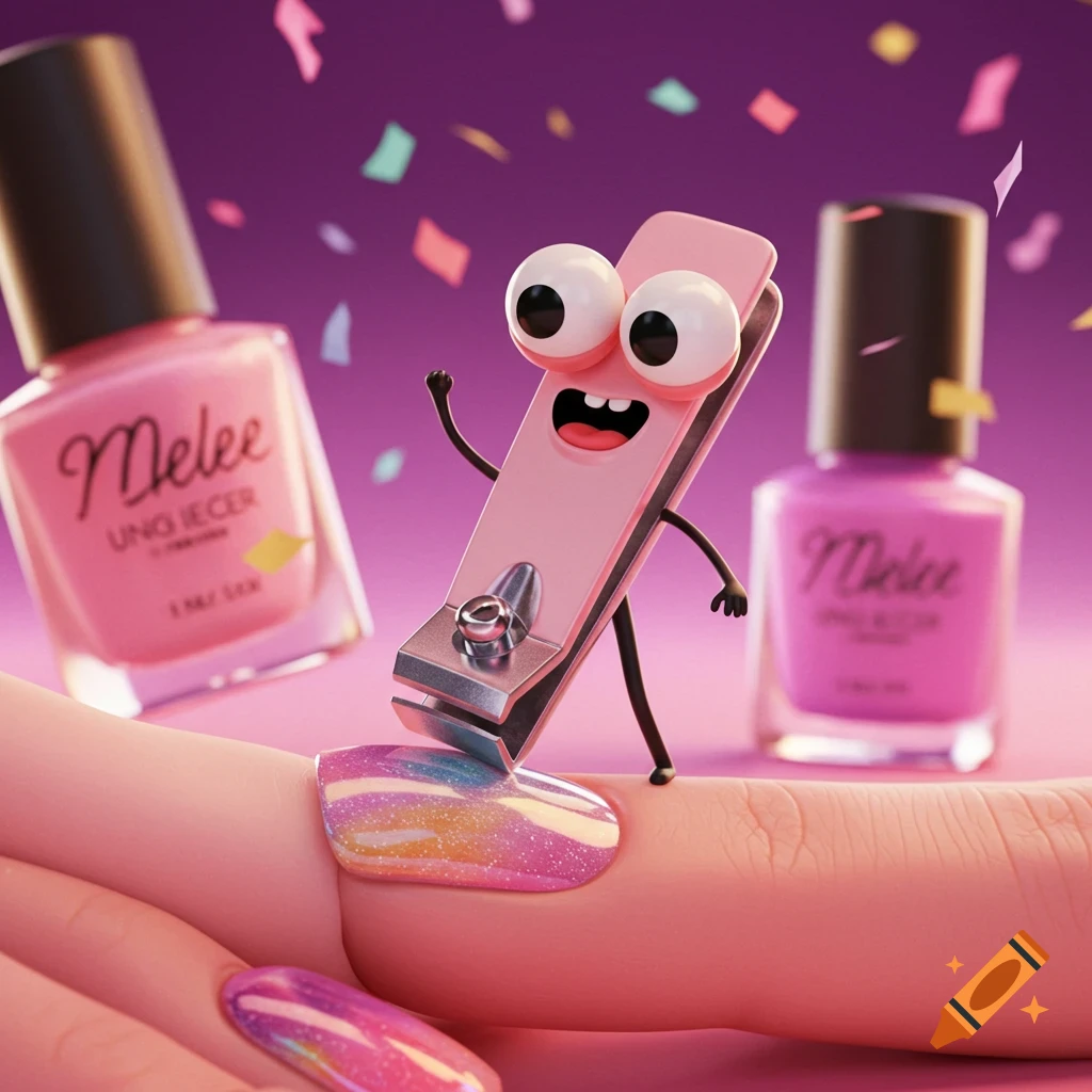A smiling, anthropomorphic pink nail clipper with googly eyes trims a colorful glitter nail, with pink nail polish bottles in the background.