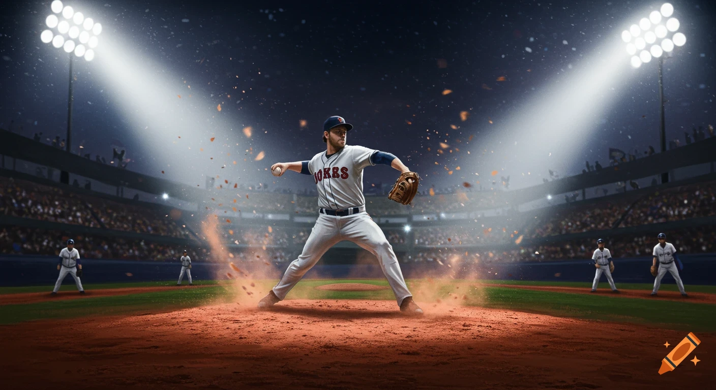 Photorealistic baseball pitcher throwing a ball in a brightly lit stadium, with dust rising from the mound.