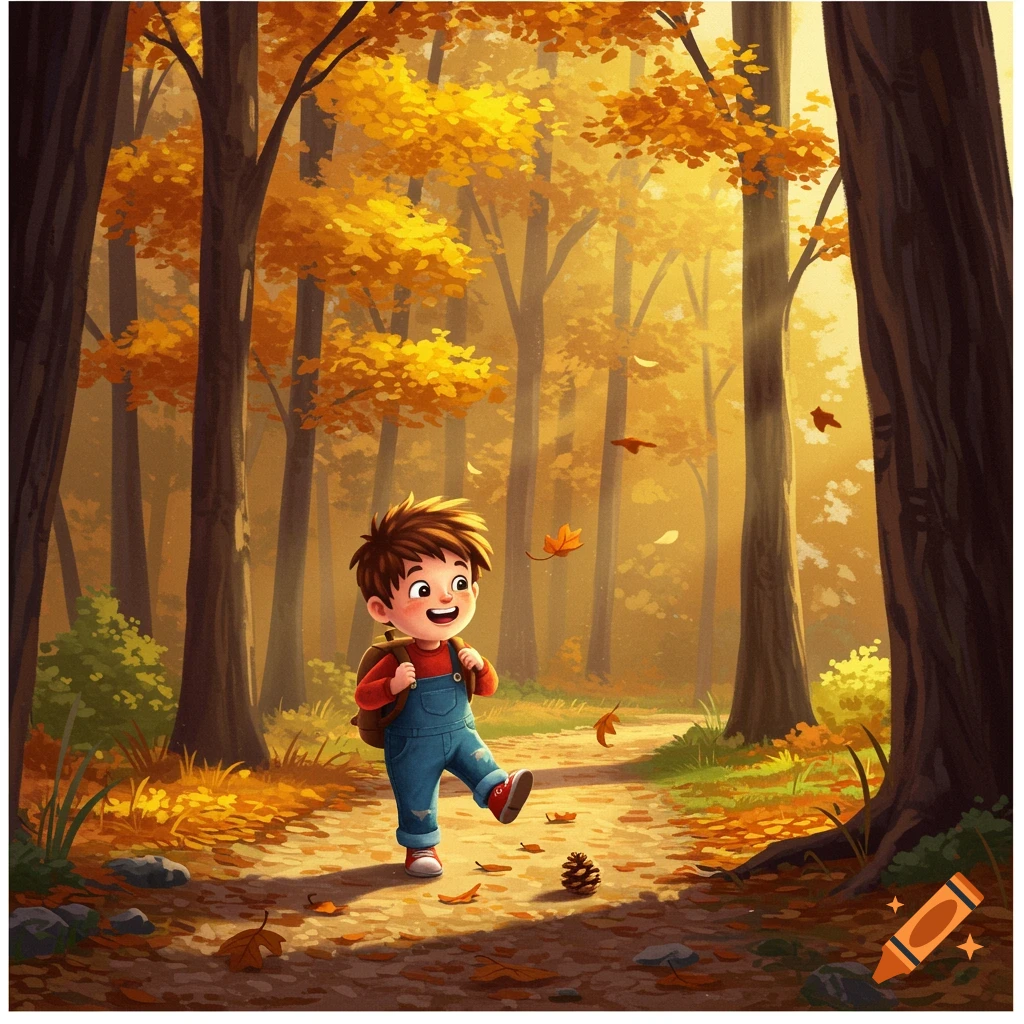 A happy cartoon boy with a backpack skips along an autumn forest path as golden leaves fall.