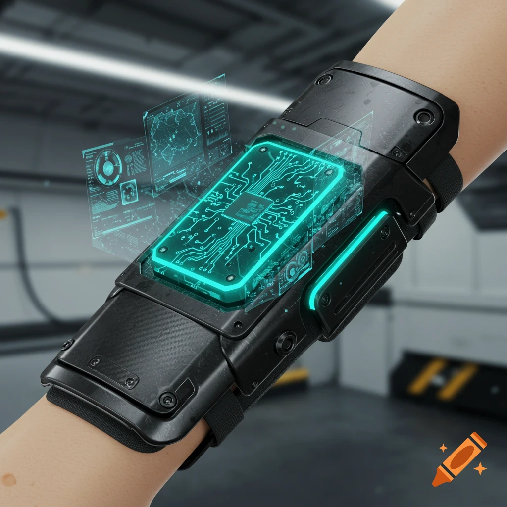 Sleek black futuristic vambrace on an arm with a glowing teal circuit core and holographic data displays.