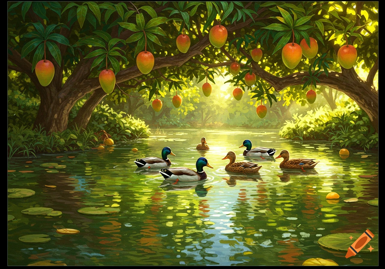 A group of mallard ducks swimming in a sunny pond surrounded by mango trees with ripening fruit, lush green foliage, and reflections on the water.