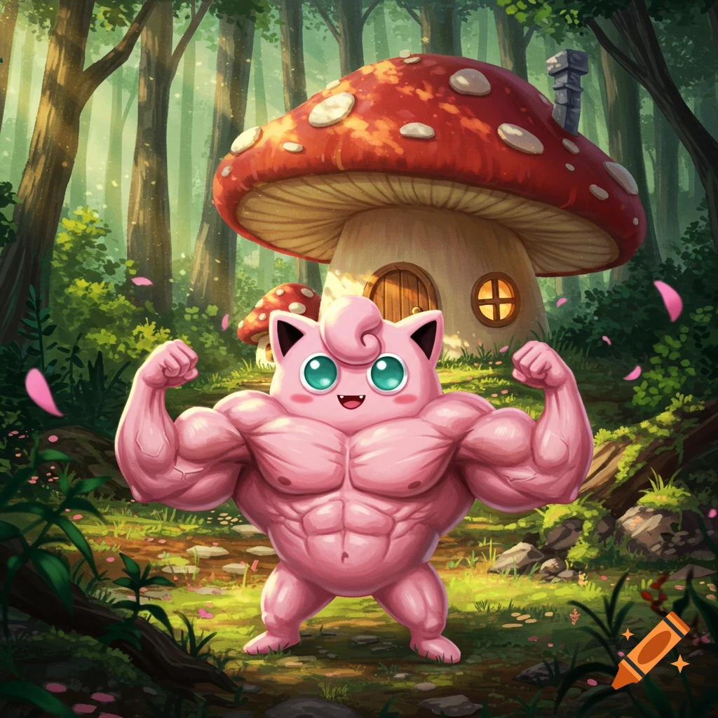 A muscular Jigglypuff flexes in a vibrant forest, with a red mushroom house in the background. Cartoon illustration.