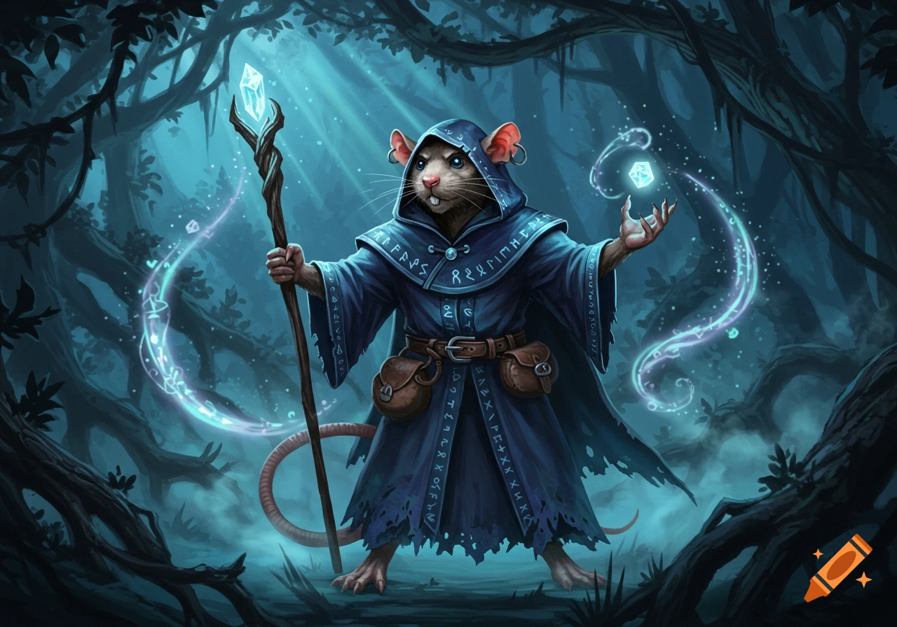 A ratfolk wizard in a dark blue hooded robe with runes, holding a crystal staff, casts a spell in a mystical, foggy forest.