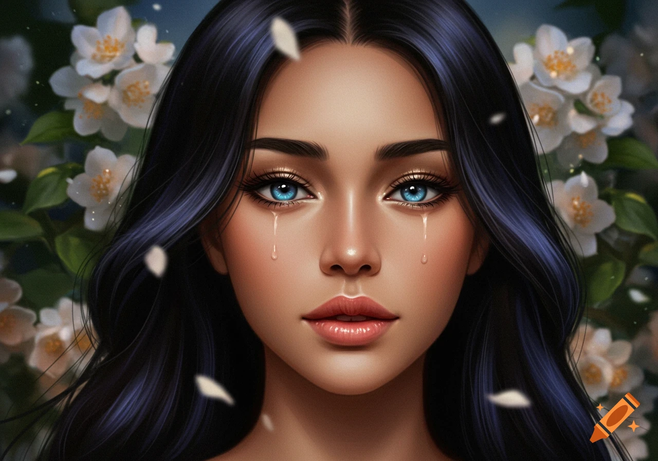 Close-up digital painting of a woman with dark hair, blue eyes, and tears, surrounded by white jasmine flowers.
