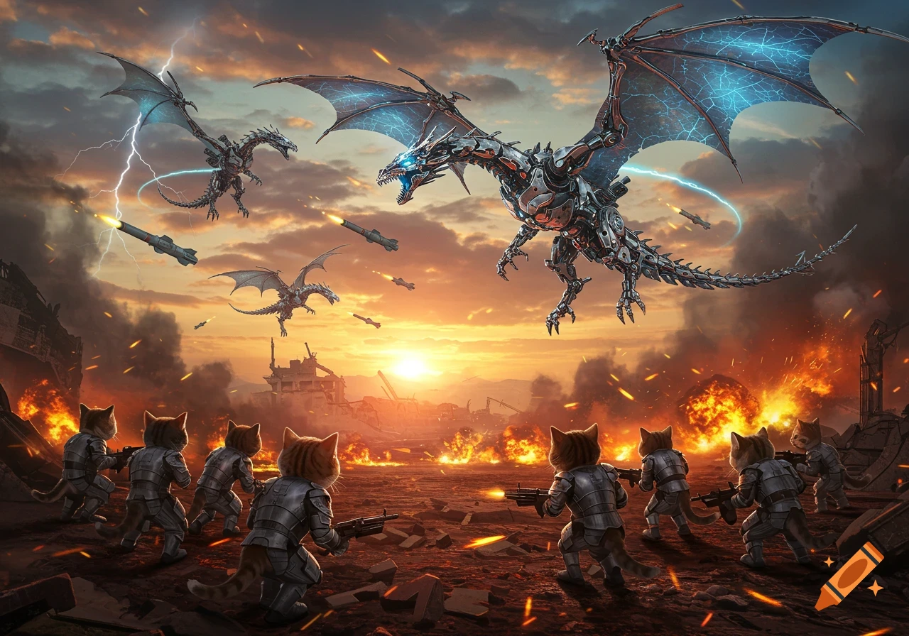 Kitten soldiers battle mechanical dragons amidst explosions and lightning on a burning battlefield at sunset.