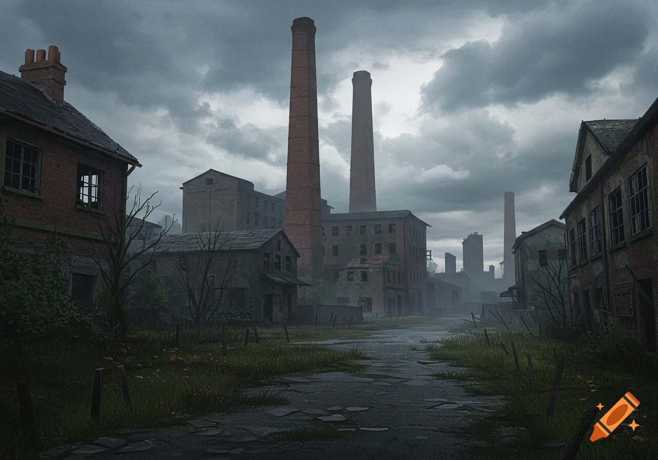 Overcast view of a dilapidated industrial town with brick buildings, tall chimneys, and an overgrown, cracked street.