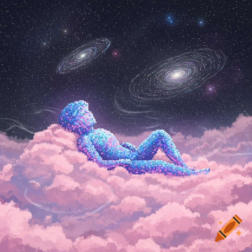 A pixelated figure lies on pink clouds, gazing at a starry night sky with two spiral galaxies, in a surreal pixel art style.