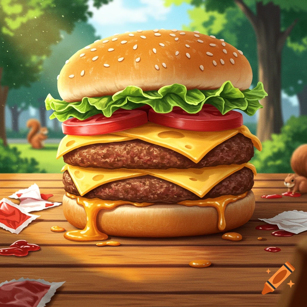 A vibrant cartoon illustration of a large double cheeseburger with melted cheese, lettuce, and tomatoes on a wooden picnic table in a sunny park.