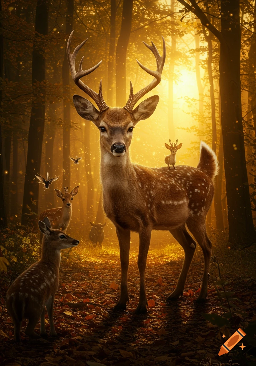 A large brown deer with antlers stands in an autumnal forest bathed in golden sunlight, surrounded by smaller deer and birds.