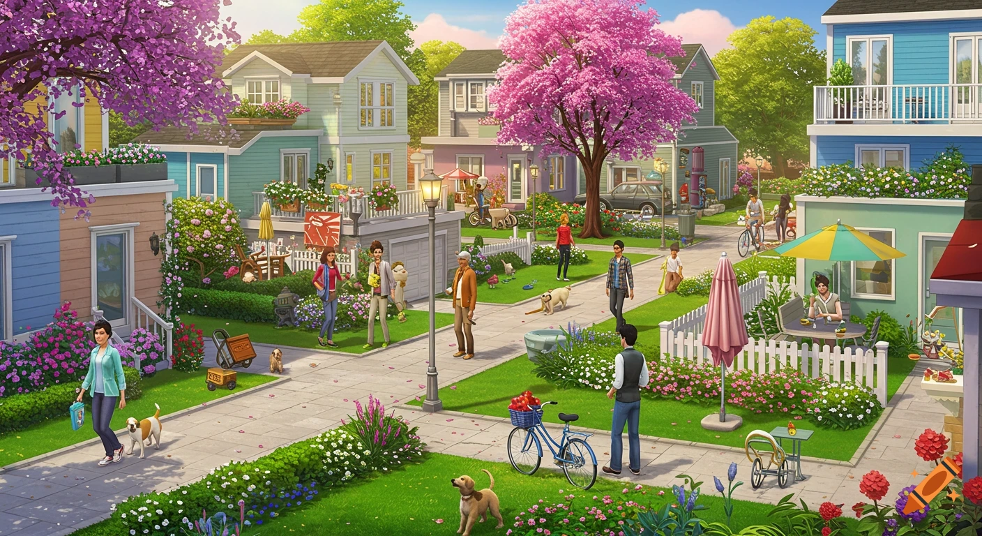 A vibrant, cartoon-style illustration of a bustling neighborhood with diverse people and dogs walking, houses, and blooming trees.