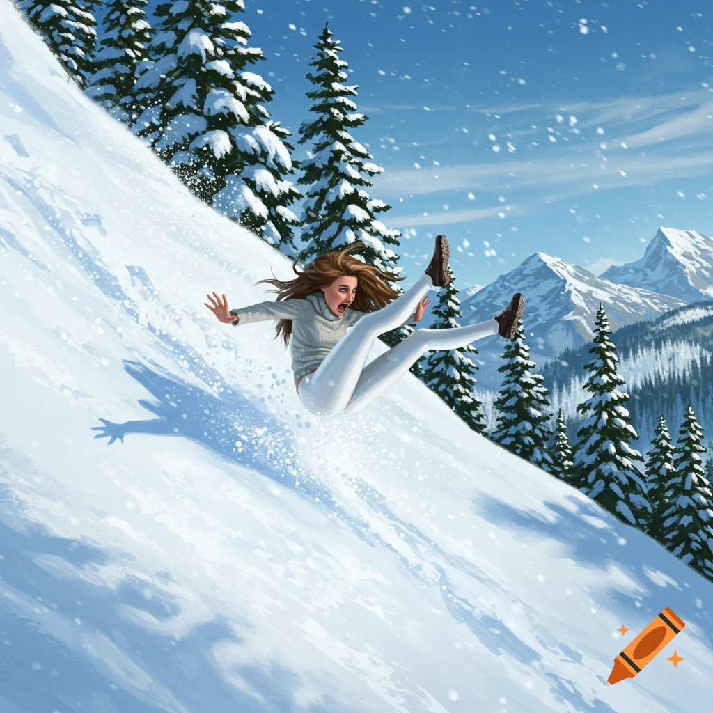 A young woman in white leggings slides down a steep snowy hill, screaming in terror with her legs pointed upward, in an illustrated style.