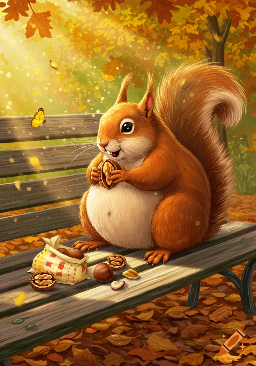 A cute, fat, cartoon squirrel sits on a park bench in autumn, holding a walnut with a bag of nuts beside it.