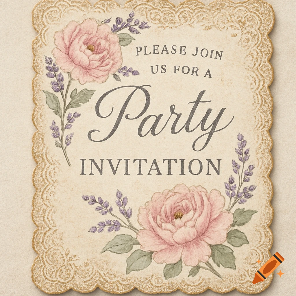 A vintage-style party invitation card with pink roses and lavender, framed by an ornate lacy border.