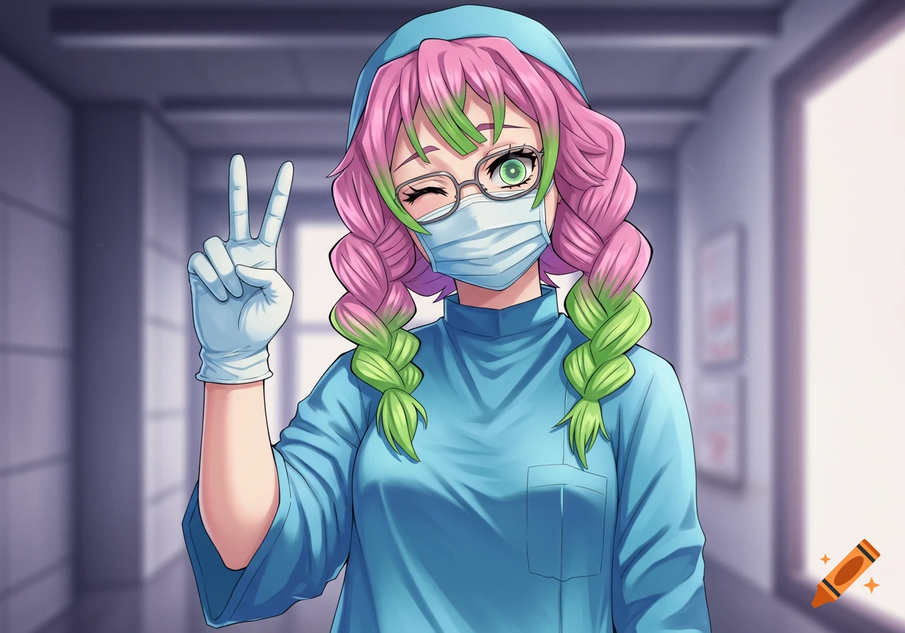 Anime character Mitsuri from Demon Slayer, wearing a medical gown, mask, glasses, and gloves, winking and making a peace sign.