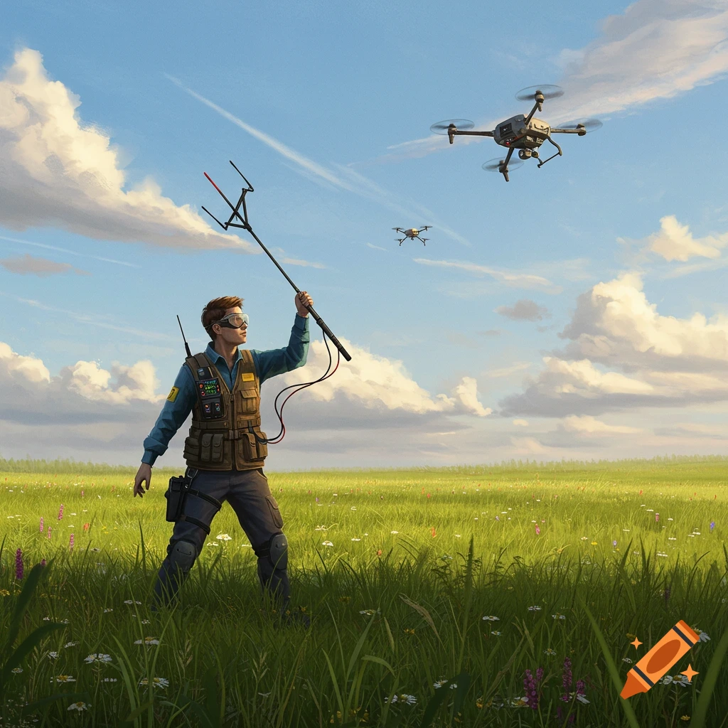 An engineer in protective goggles and a tactical vest holds a long pole with a yagi antenna, aiming it at drones flying over a grassy field under a blue sky.