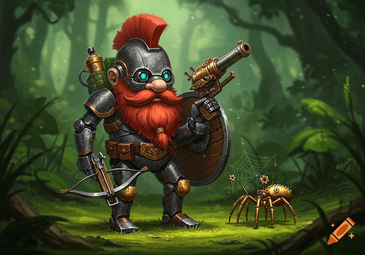 A stylized robotic gnome with a red mohawk and beard, wearing armor, holding a shield, a crossbow, and a large pistol, stands in a lush forest next to a brass clockwork spider and its web.