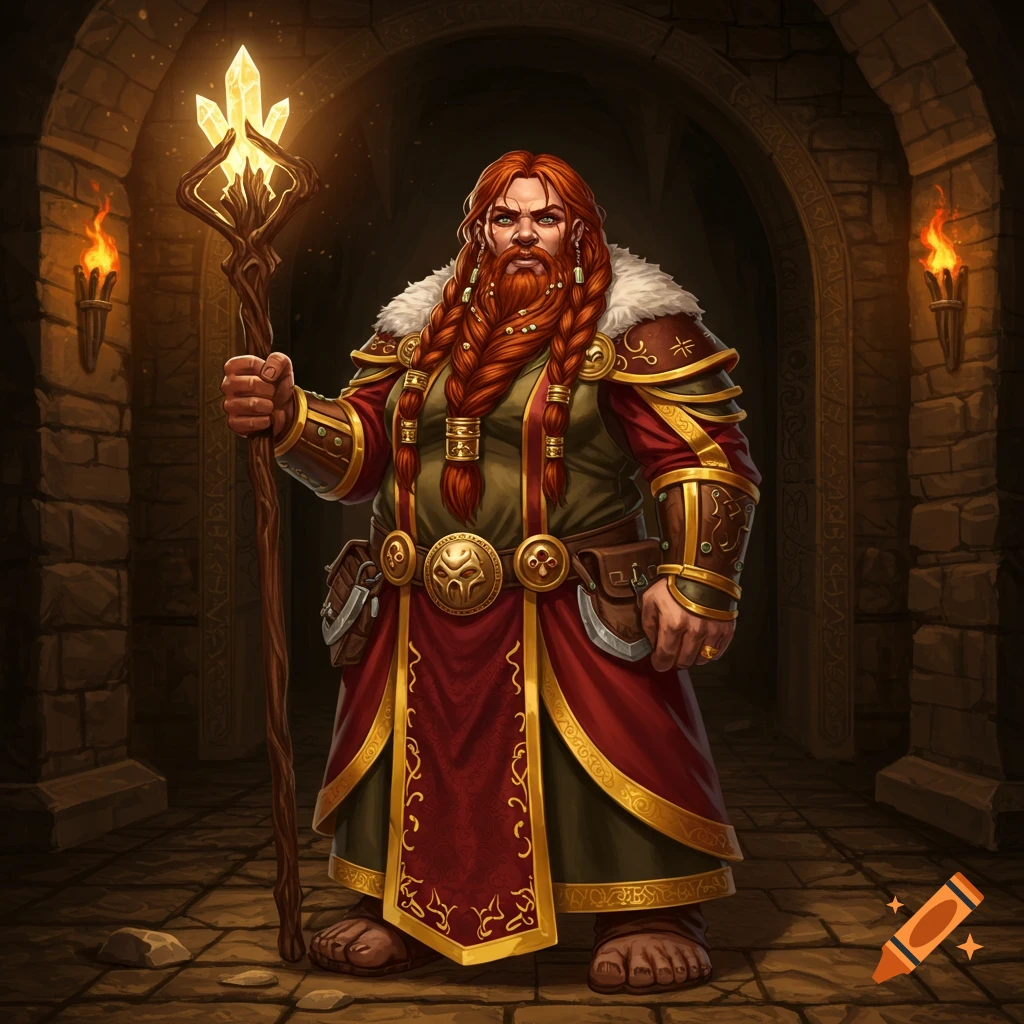 A powerful red-haired female dwarf priest with a braided beard, wearing ornate robes, holds a glowing crystal staff in a torchlit stone dungeon.