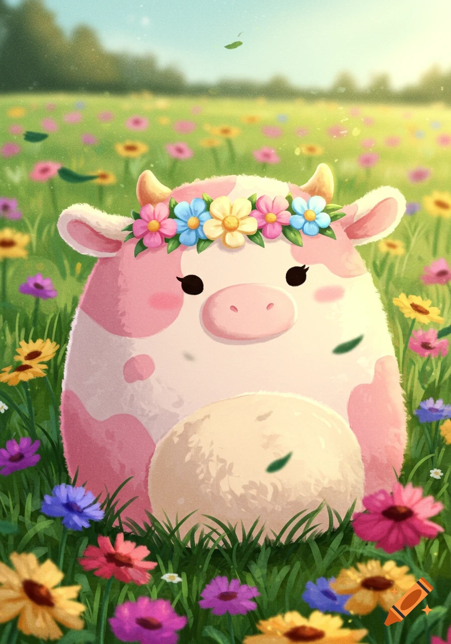 A cute pink and white Squishmallow-style cow with a flower crown sits in a vibrant field of colorful flowers, rendered in a bright illustration.