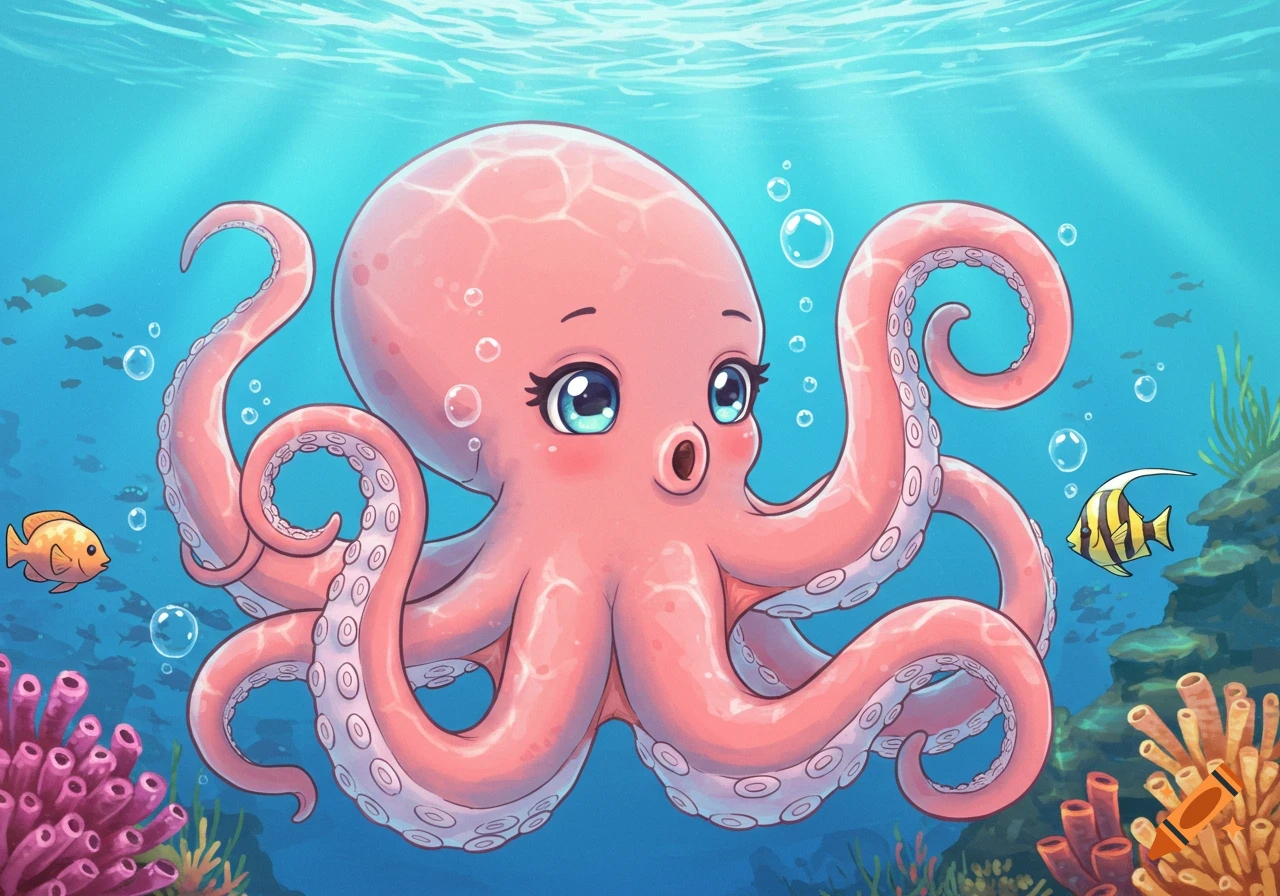 Adorable pink cartoon octopus with big blue eyes, smiling underwater among colorful coral and fish.