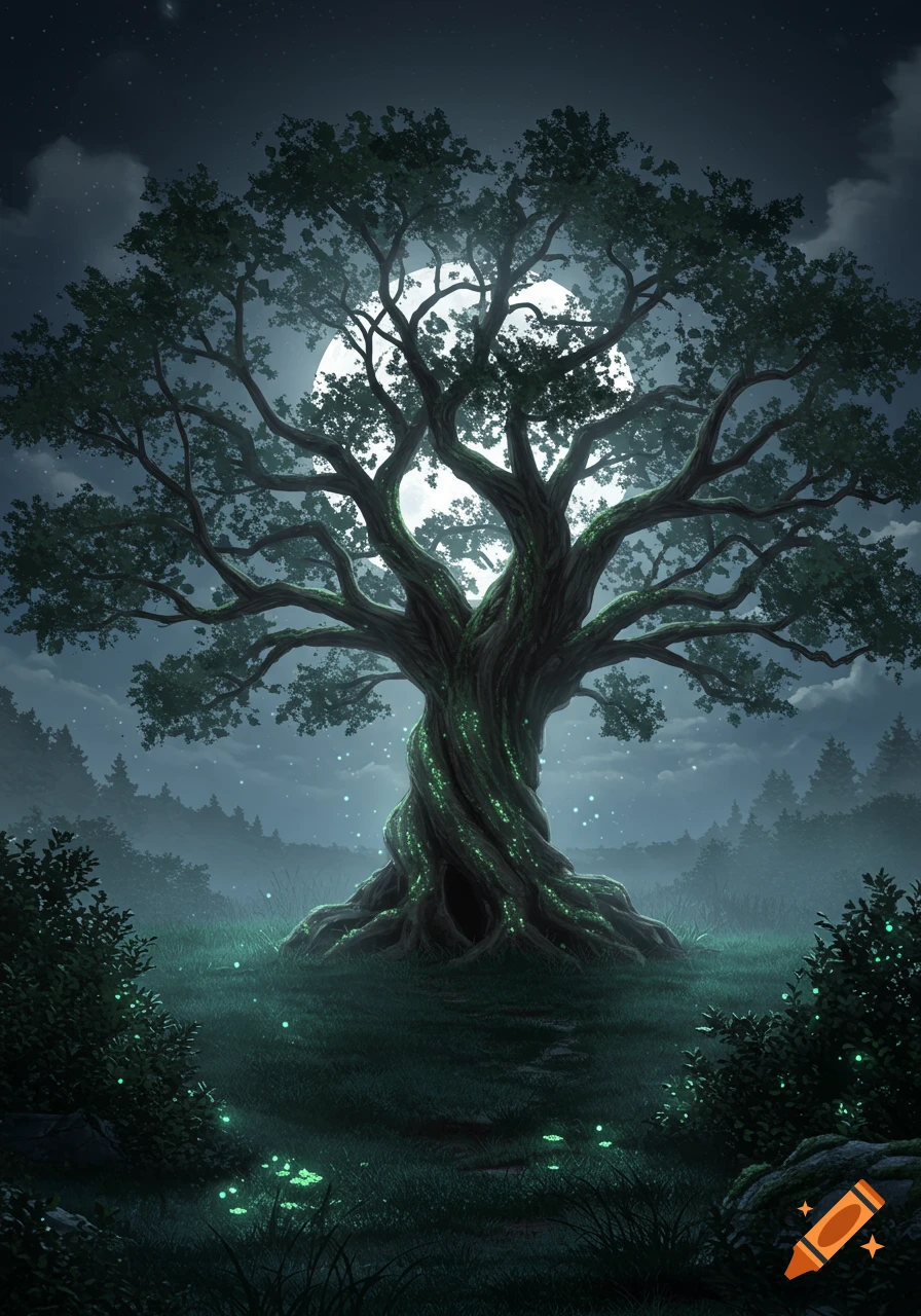 A mystical, gnarled tree glowing green under a large full moon at night in a dark forest with sparkling flora.