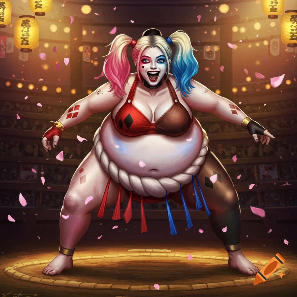 Stylized illustration of an obese Harley Quinn in a sumo wrestler outfit, striking a pose in a sumo ring with lanterns and falling petals.