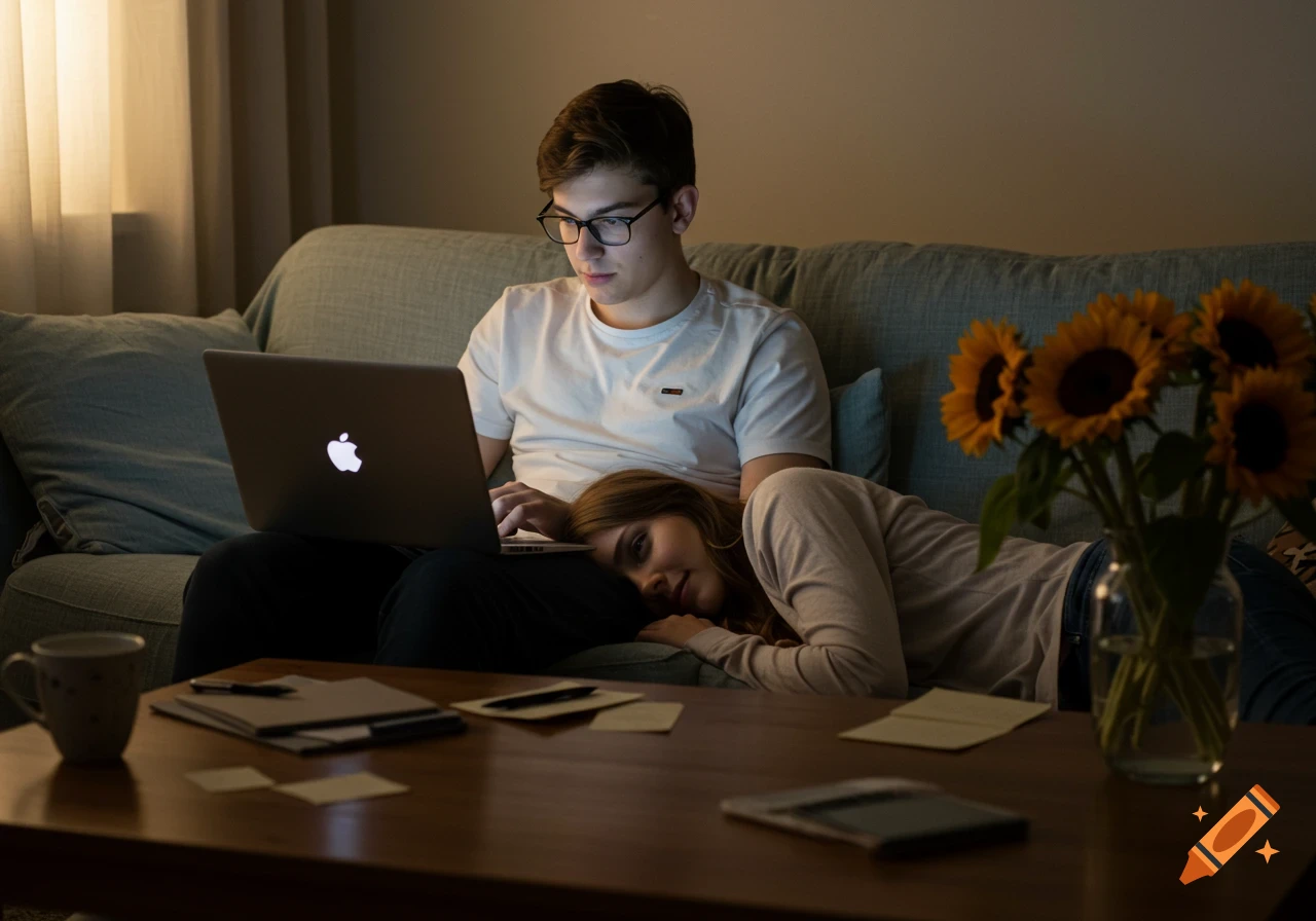 A young man works on a laptop on a couch while a woman rests her head on his lap. Sunflowers are on a table.