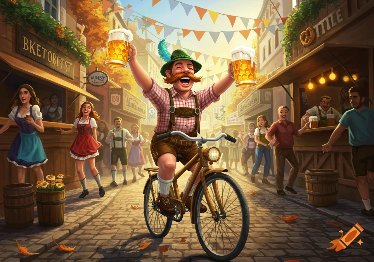 A cheerful man in lederhosen rides a bike, holding up two beer steins in a festive, cartoon-style Oktoberfest street market.