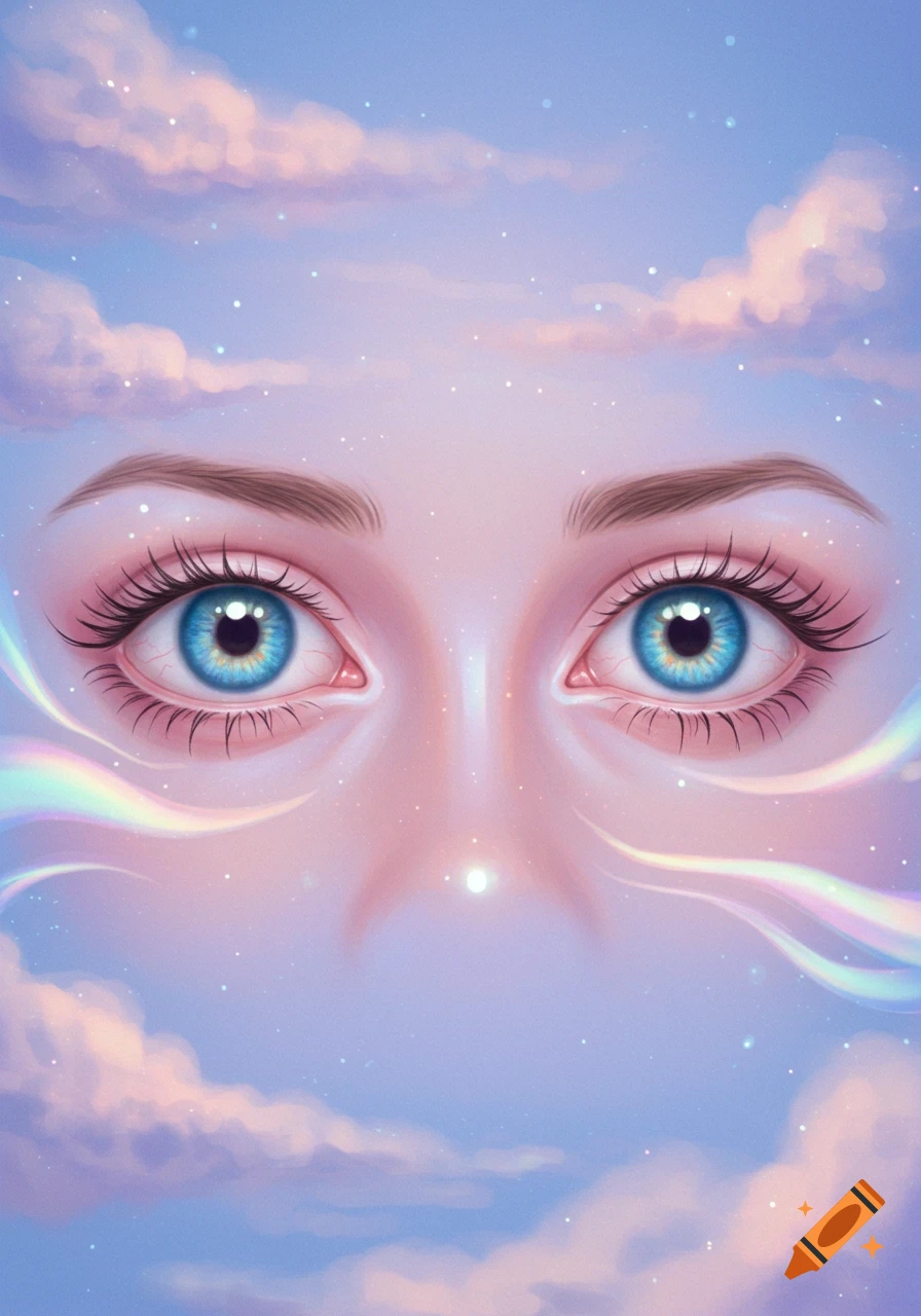 A close-up of vibrant blue eyes, framed by luminous skin, soft pink and purple clouds, and sparkling, ethereal rainbow wisps.