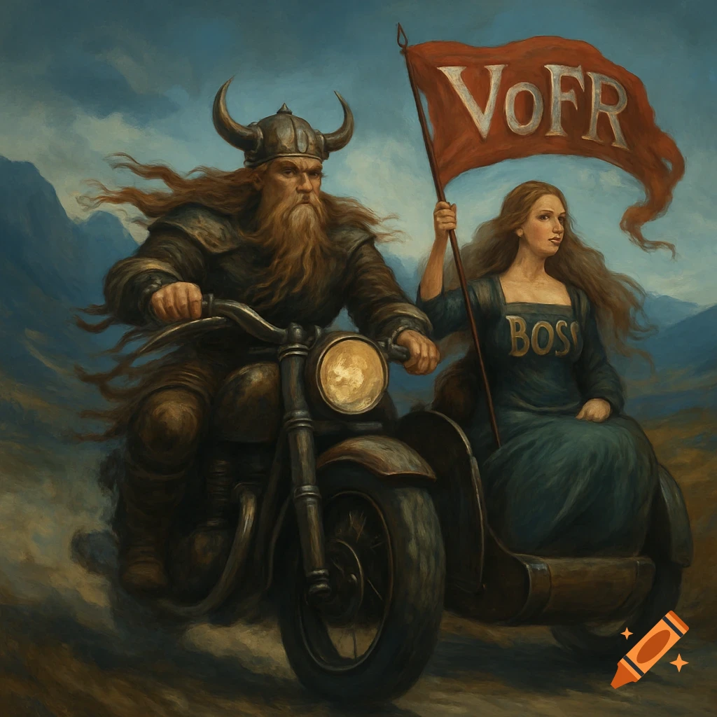 A bearded Viking in a horned helmet rides a motorcycle with a woman in a sidecar, wearing a 'BOSS' dress and waving a 'VOFR' flag. Painted style, mountains in background.
