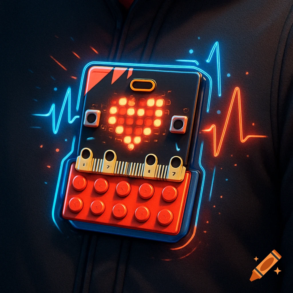 A glowing micro:bit-like device with a red LED heart and a LEGO base, functioning as a chest badge, framed by neon heartbeats.