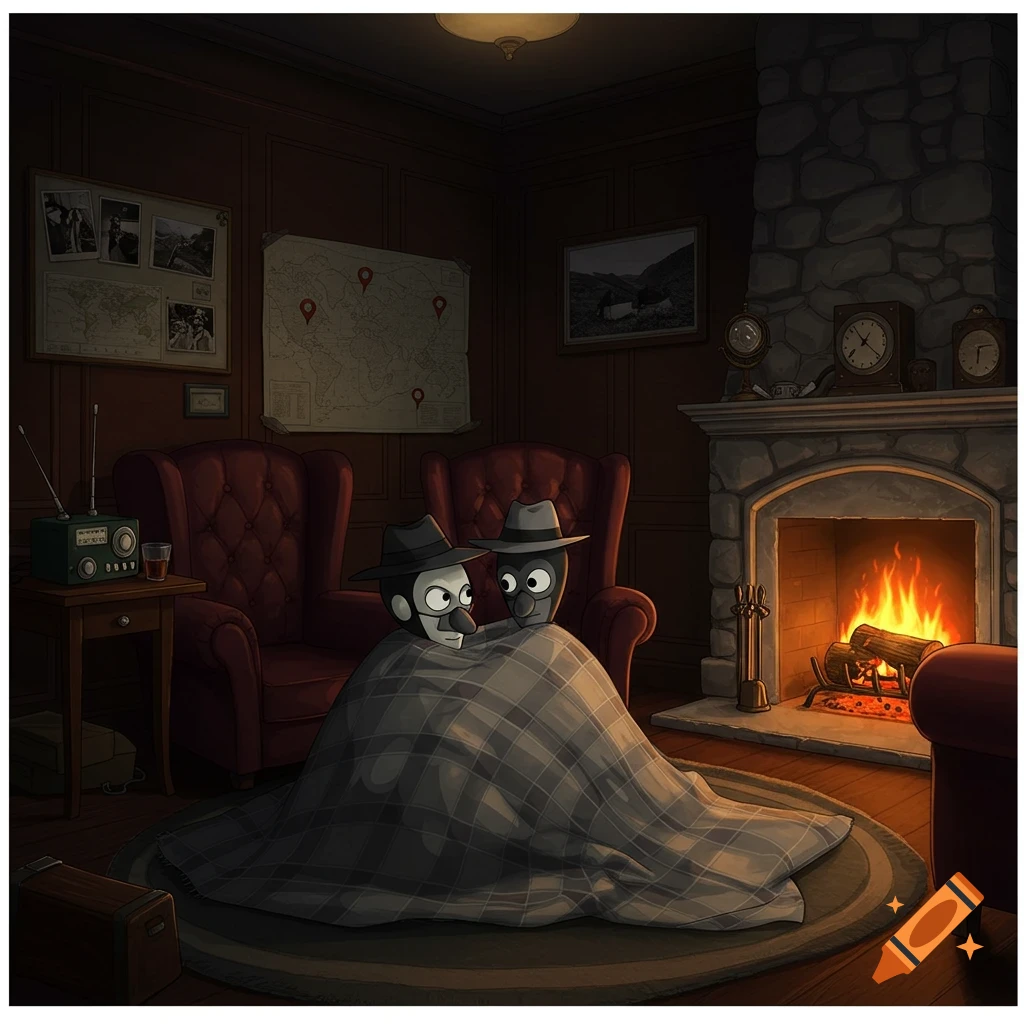 Two cartoon spy characters snuggled under a blanket in a cozy, dimly lit room with a fireplace.