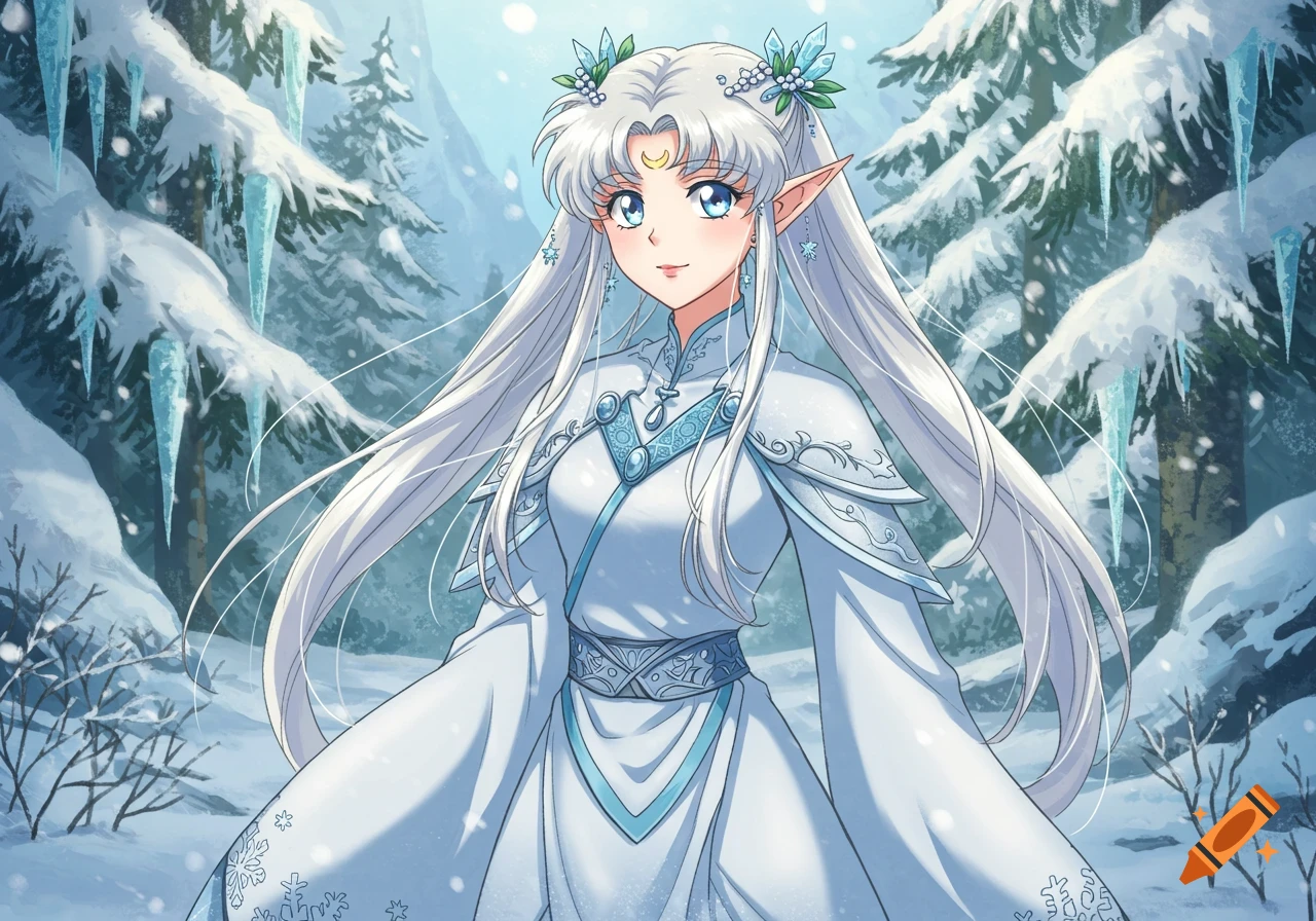 Anime snow elf with long white hair and blue eyes, wearing white and blue winter clothing, stands in a snowy forest with icicles.
