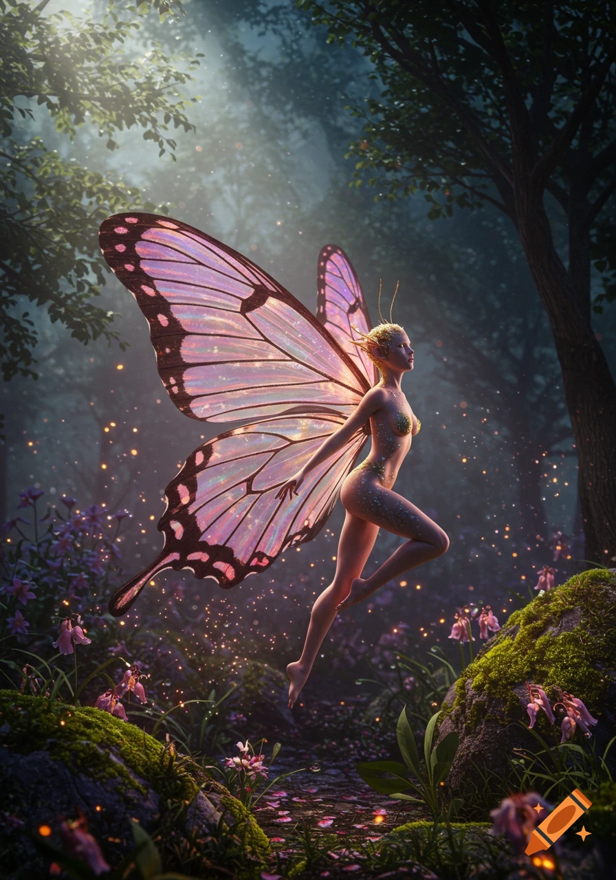 A photorealistic fairy with iridescent butterfly wings floats gracefully in a mystical, glowing forest.