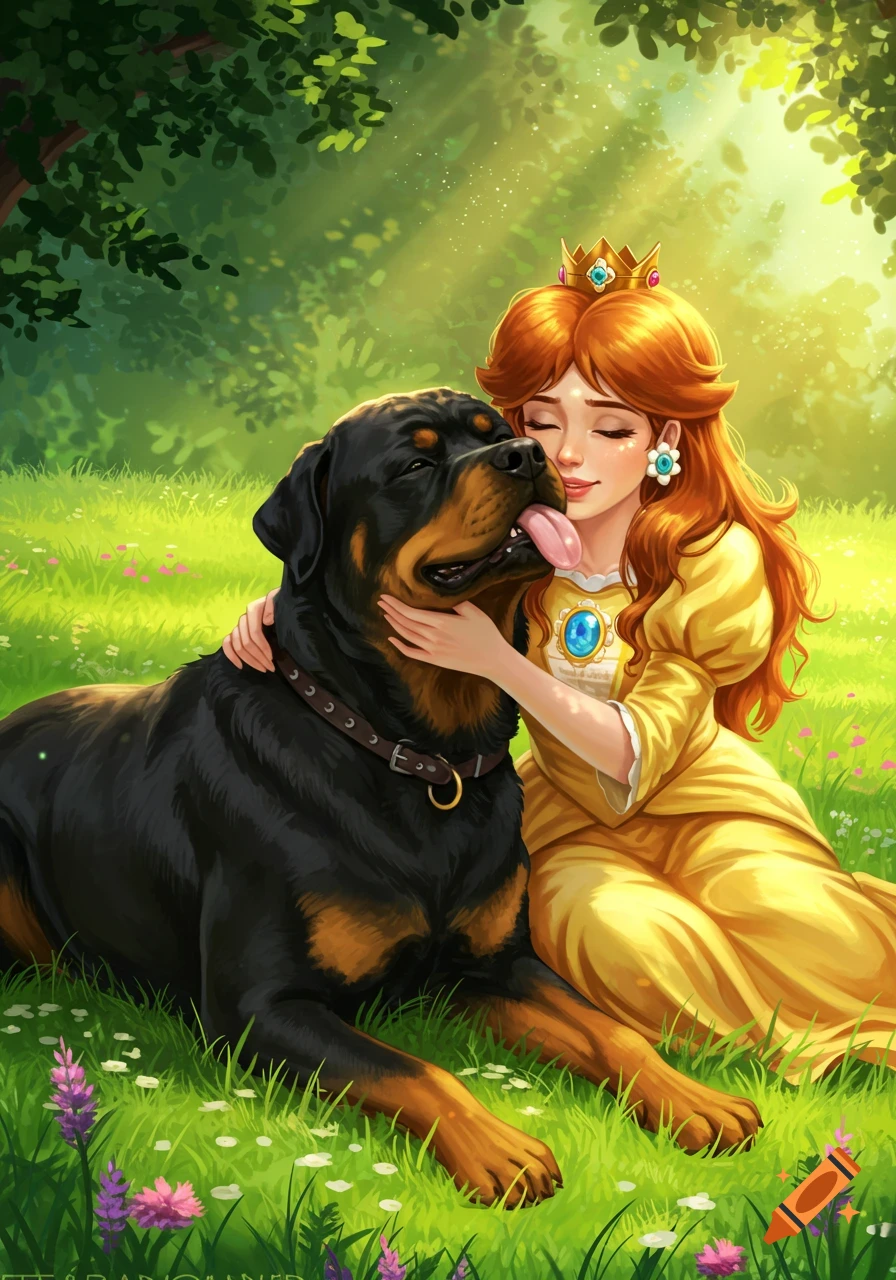 Princess Daisy in a yellow dress hugs a Rottweiler who licks her face in a sunny grassy field, illustration.