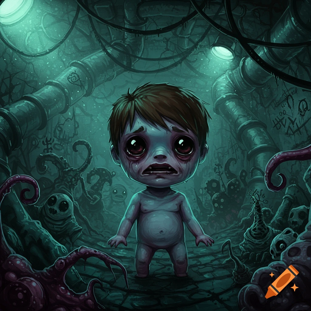 A stylized, pale, naked child with wide, red, crying eyes stands in a dark, pipe-filled dungeon surrounded by grotesque, tentacled creatures in a Binding of Isaac art style.