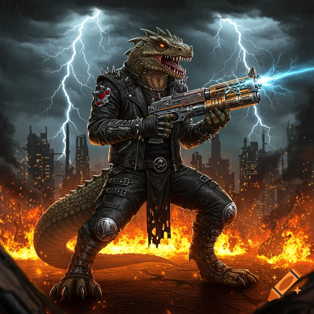 A fierce lizardfolk in a spiked leather jacket fires an energy gun in a fiery, ruined city under a stormy, lightning-filled sky.
