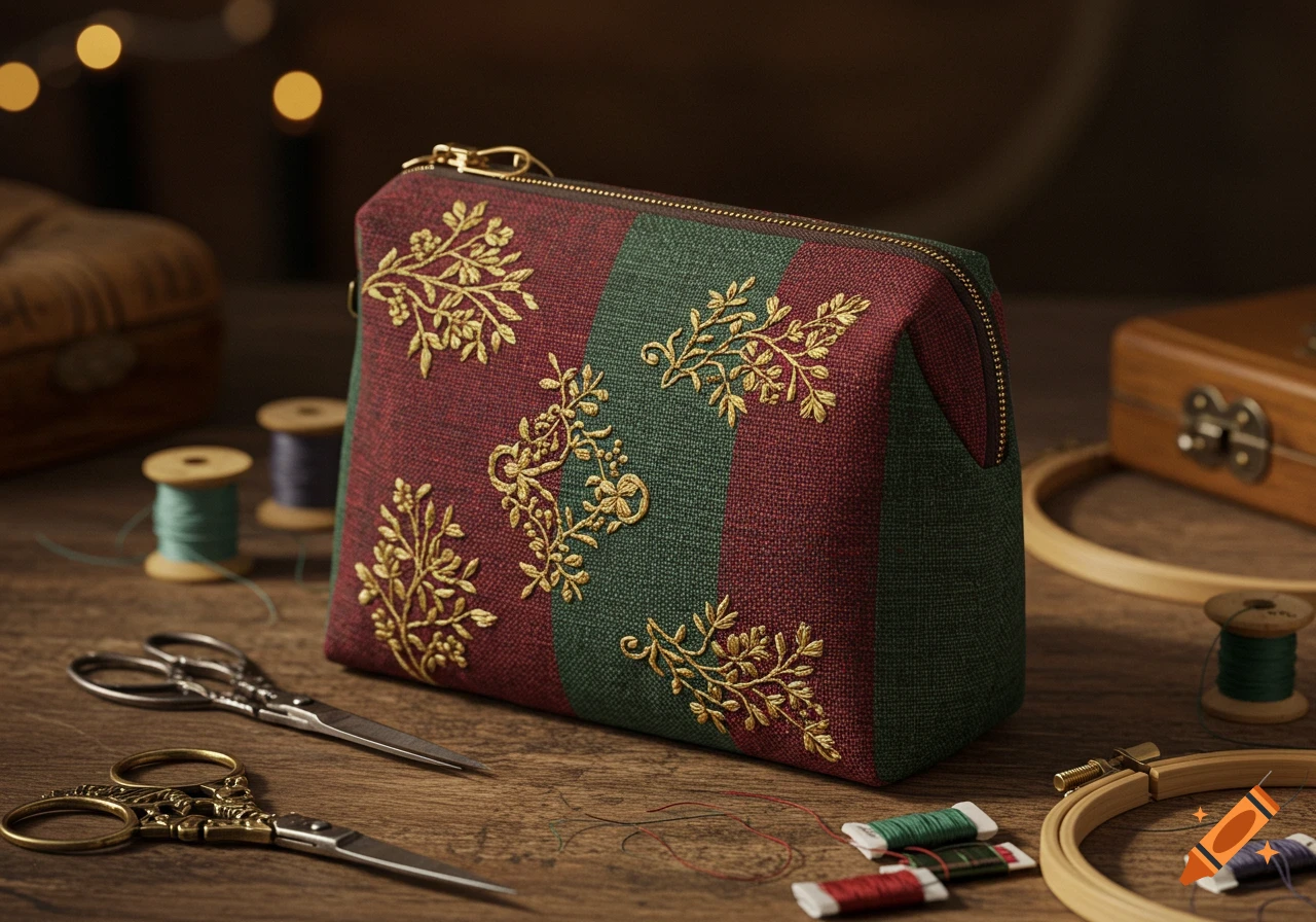Red and green striped cosmetic bag with golden floral embroidery, surrounded by vintage sewing tools on wood.