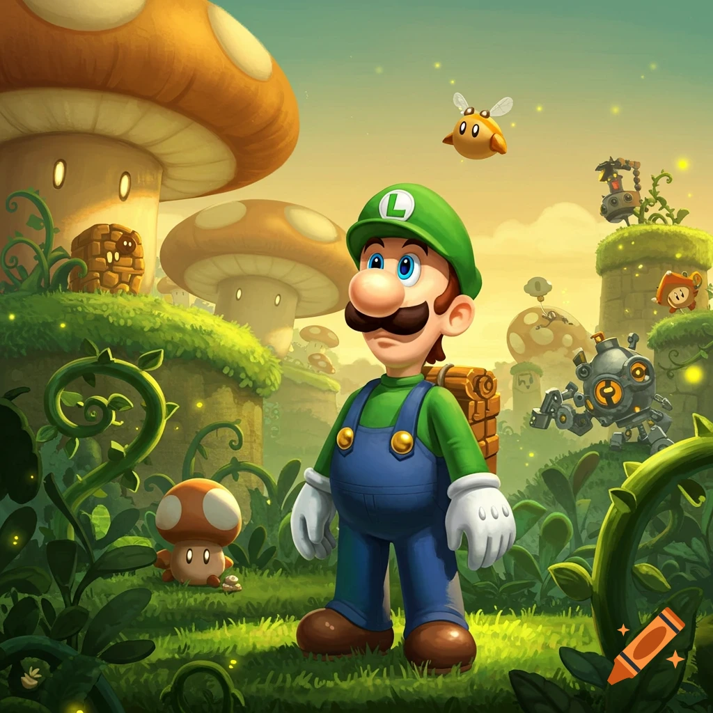Luigi stands in a vibrant, whimsical mushroom forest with glowing plants and various creatures, in a video game art style.