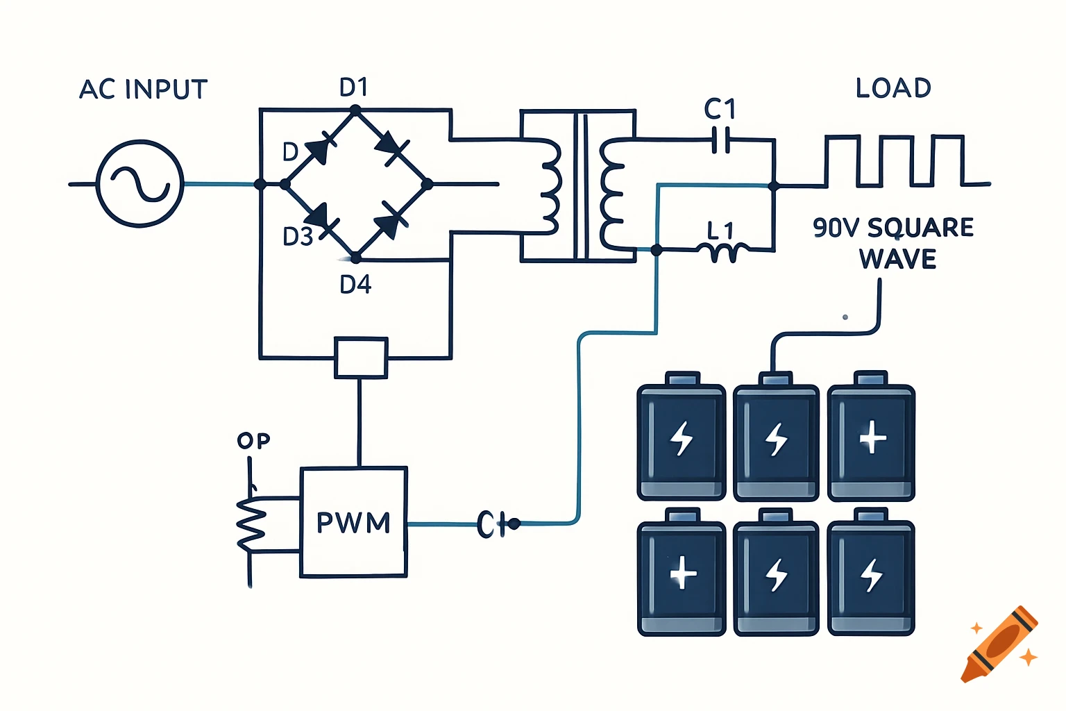 An electrical schematic diagram with AC input, a bridge rectifier, transformer, load with 90V square wave output, and a battery bank.