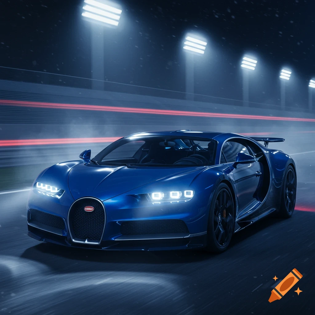 A blue Bugatti sports car drives at night on a road, with bright stadium lights above and red light trails.