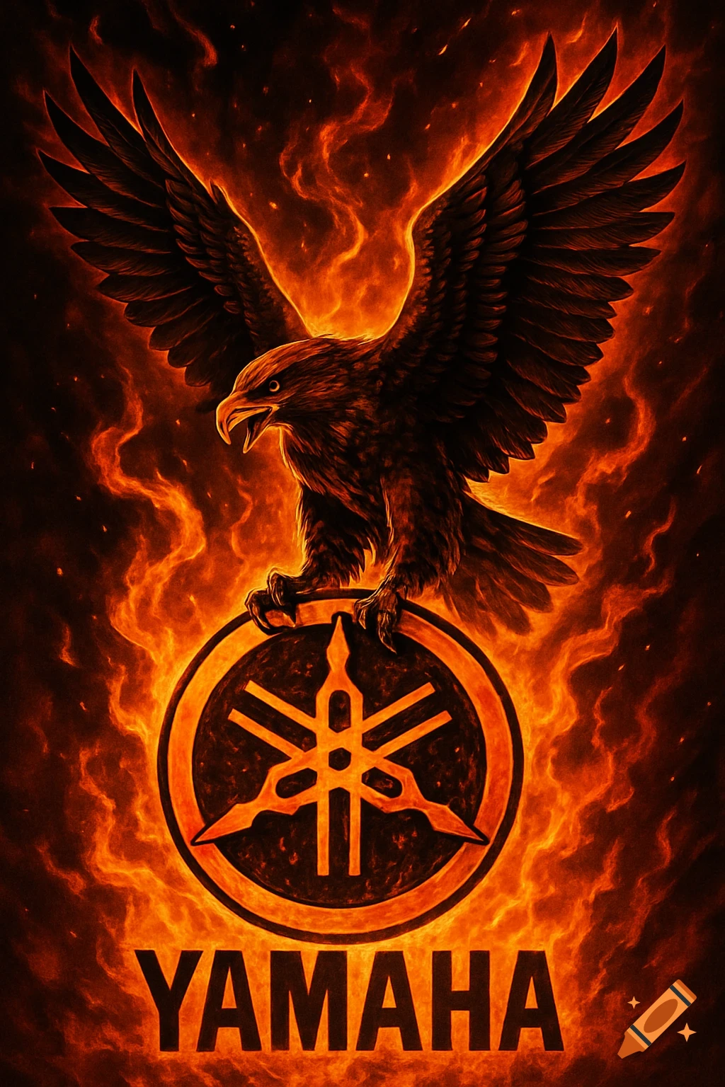 A fiery illustration of an aggressive eagle with spread wings gripping a glowing Yamaha logo amidst intense flames.