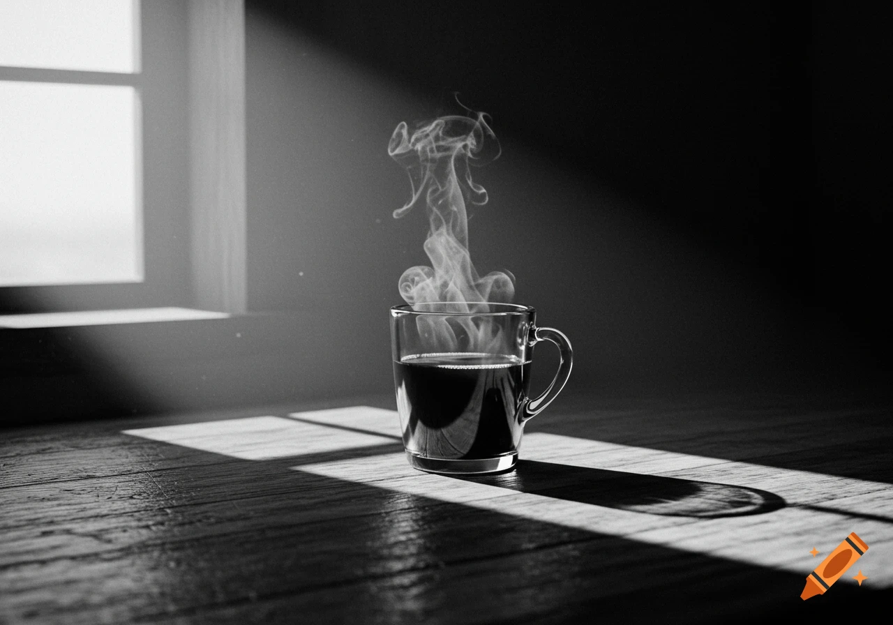 Black and white photorealistic image of a steaming cup of coffee on a wooden table, illuminated by sunlight from a window.
