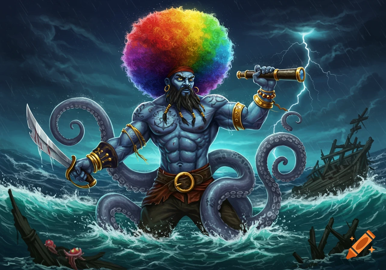 A muscular blue-skinned pirate octopus-man with a rainbow afro, holding a sword and spyglass in a stormy sea with a shipwreck.