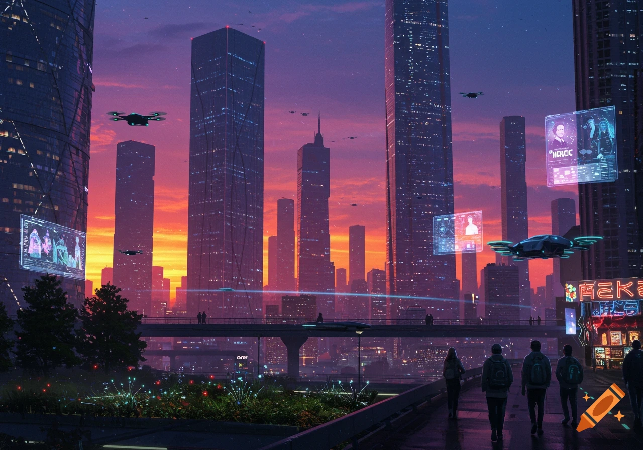 Vibrant digital art of a futuristic city at sunset with towering skyscrapers, flying vehicles, holographic ads, and people walking.