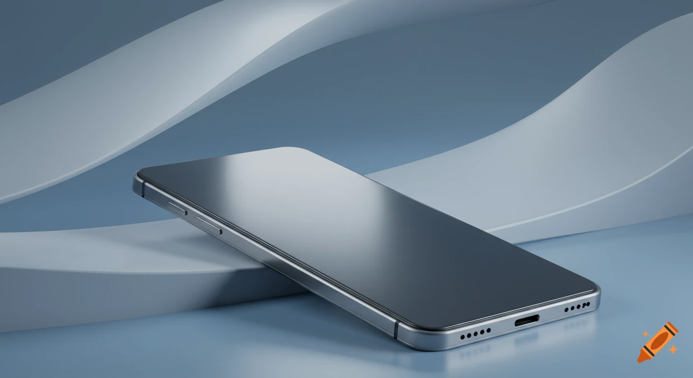 Sleek silver smartphone with a dark screen resting on a light blue surface, set against a minimalistic background with curved white ribbons.