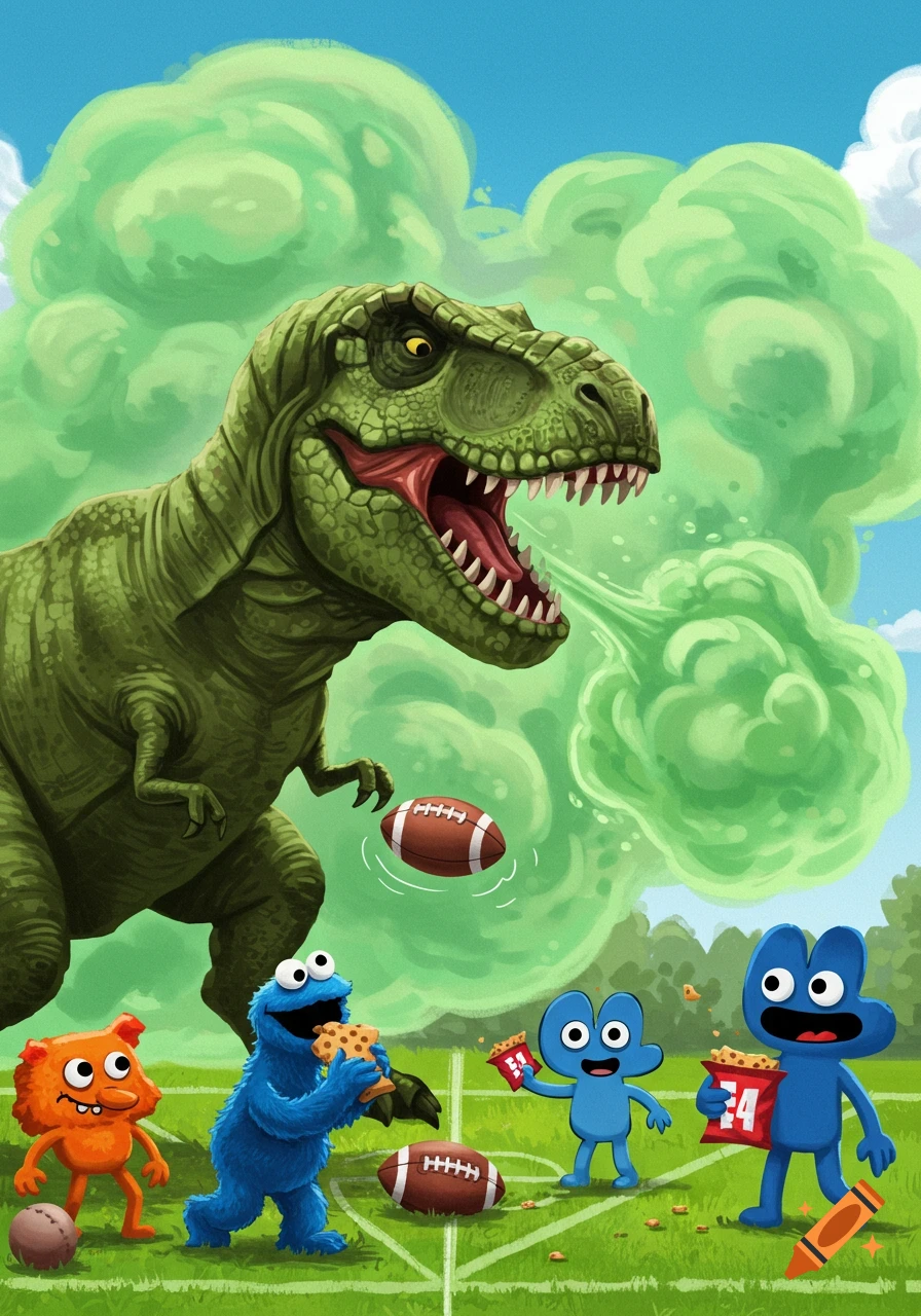 A green T-Rex farts green fog on a football field with Cookie Monster, two blue cartoon characters, and footballs. Cartoon style.